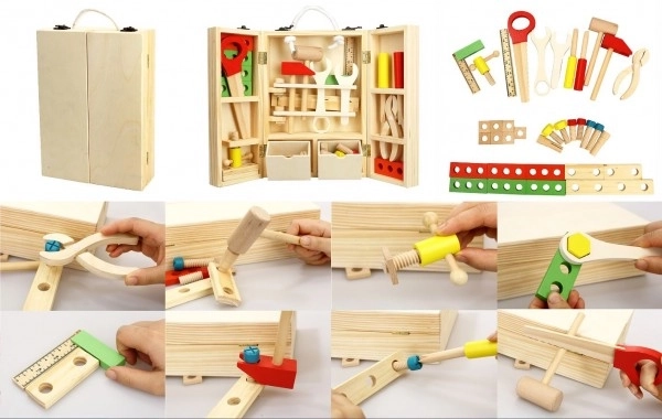 Houten gereedschap voor kinderen in koffer - 30 stuks