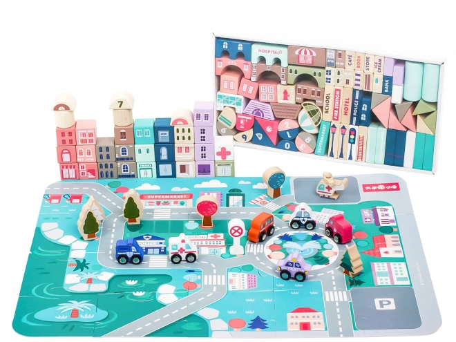 Houten educatieve blokken stad met basis 115 stuks ECOTOYS