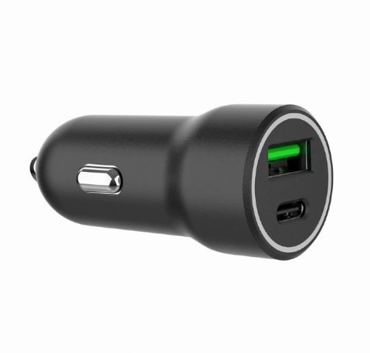 zwarte autolader USB-A/USB-C 20W PD