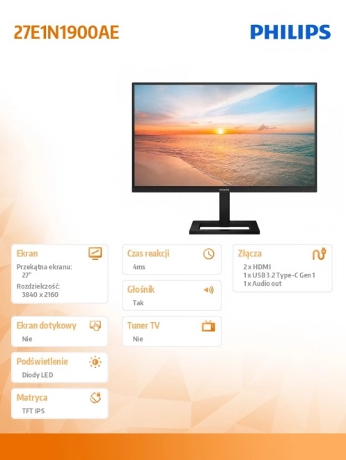 monitor Philips 27 inch 4K IPS HDMI USB-C met luidsprekers