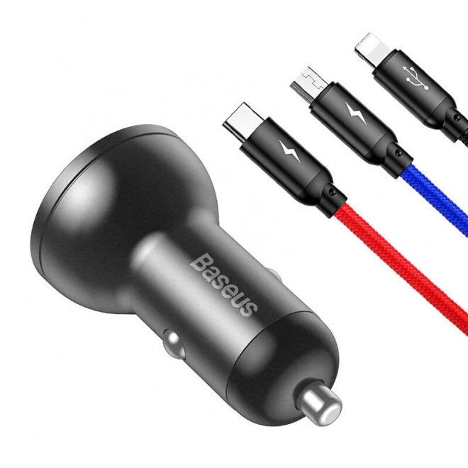 Baseus Autolader met Display en USB 3v1 Kabel 24W