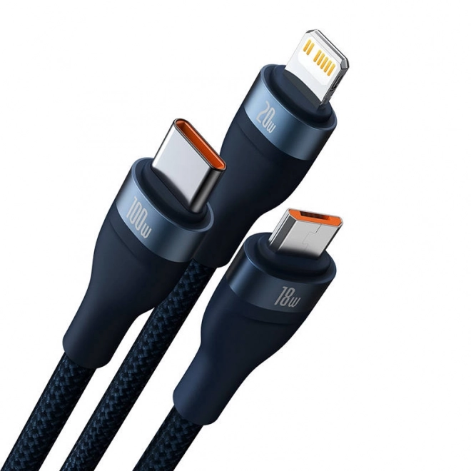 Baseus-snelladerkabel met 3 connectoren: USB-C, Lightning en Micro USB, 100W