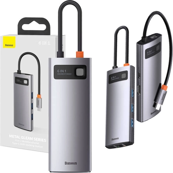 USB-C hub 6-in-1 Baseus Metal Gleam met HDMI, 3× USB 3.0, PD en gigabit Ethernet