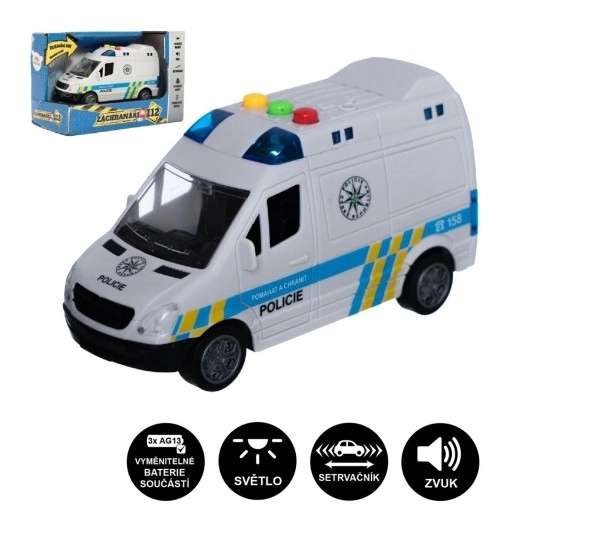 Auto politie bestelwagen kunststof 15cm op traagstart met batterijen, met geluid en licht in doos 19x13x9cm
