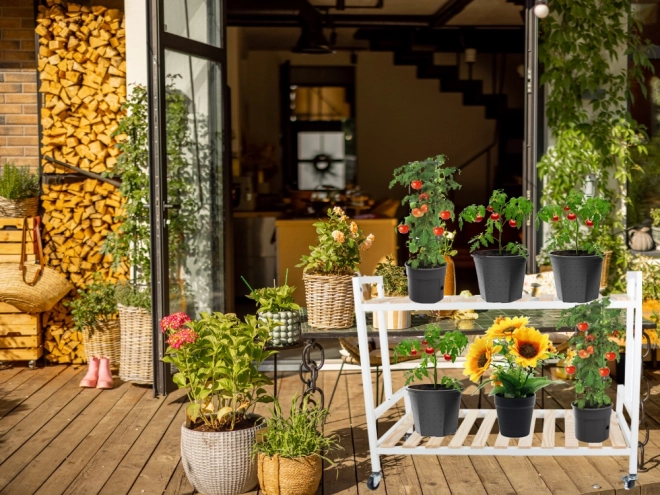 Houten tweelaagse plantenstandaard op wielen