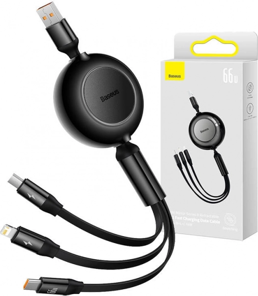 Baseus Bright Mirror 3 USB-kabel 3‑in‑1 voor micro USB, USB‑C en Lightning 66W 1,1 m – zwart