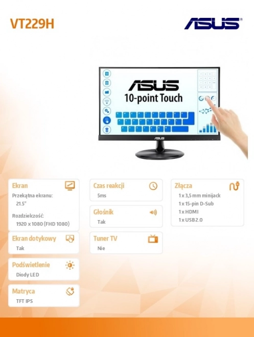 Monitor 21,5 inch FHD IPS Touchscreen 10P HDMI D-SUB USB Luidspreker