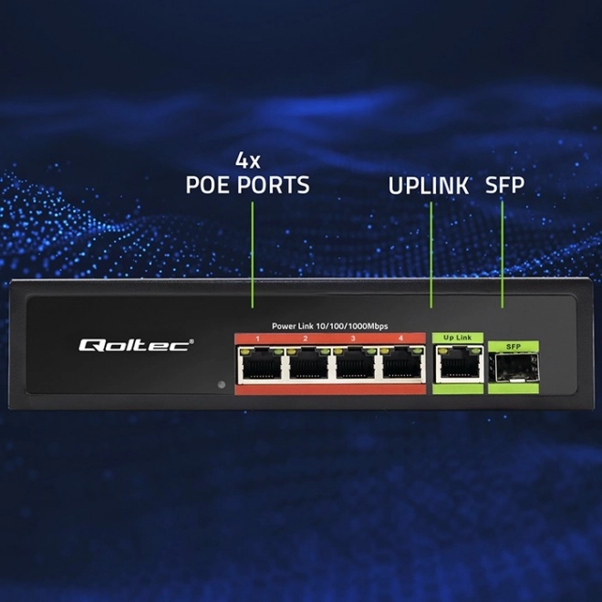 Switch Fast Ethernet PoE met 4x RJ45 PoE, 1x RJ45 Uplink en 1x SFP