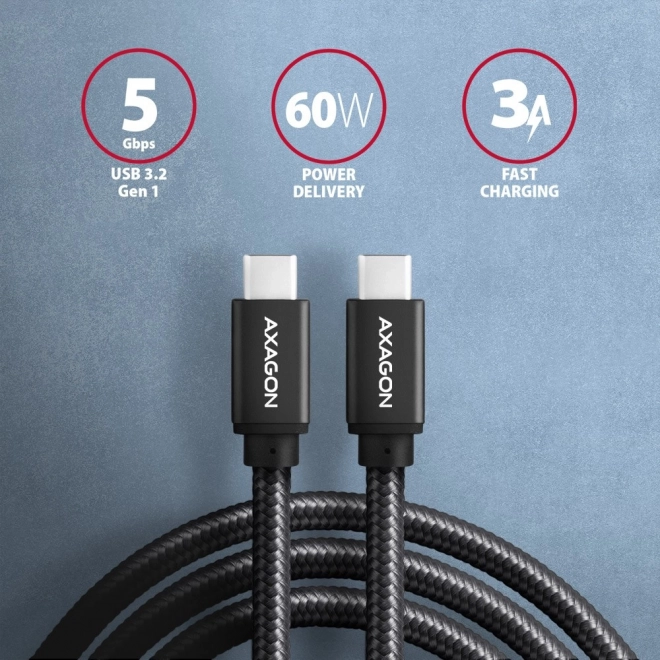 Kabel USB-C naar USB-C 3m, Power Delivery 60W, flexibele gevlochten