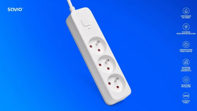 Overspanningsbeveiligingsstrook Savio met 3 stopcontacten en 1,5 m kabel