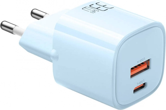 GaN-oplader 33 W met USB‑C en USB‑A blauw