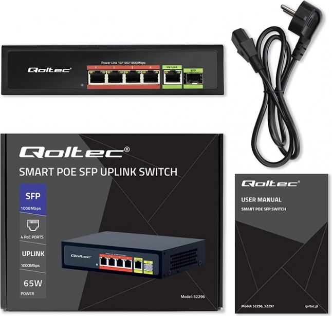 Switch Fast Ethernet PoE met 4x RJ45 PoE, 1x RJ45 Uplink en 1x SFP