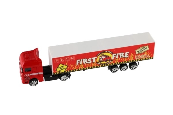 Vrachtwagen met aanhanger metaal/plastic 20cm vrij rollend assortiment in plastic doosje 20x5x3cm