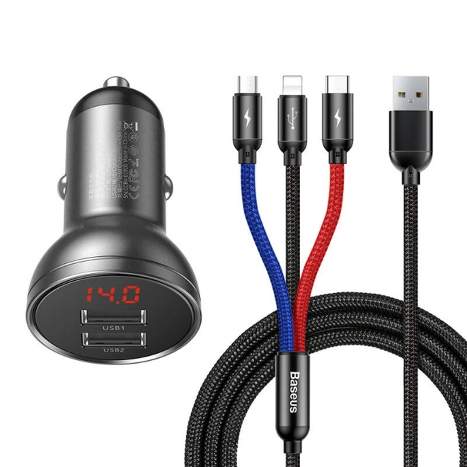 Baseus Autolader met Display en USB 3v1 Kabel 24W