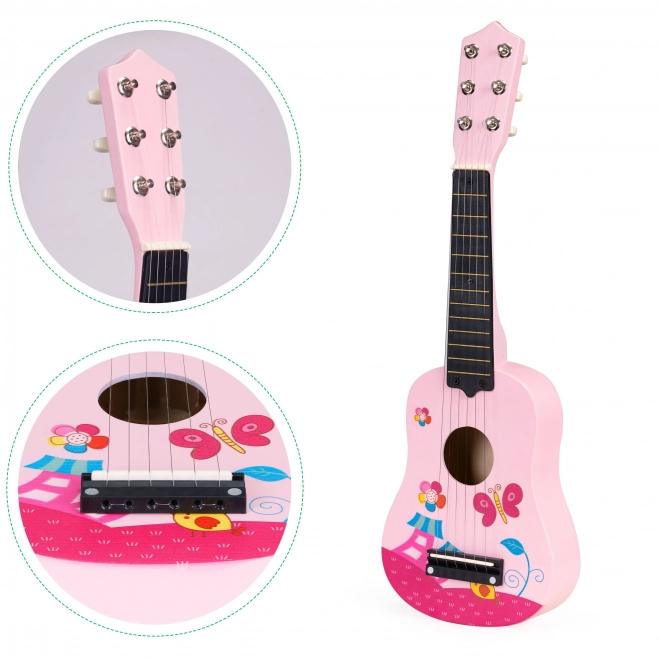 Kinder houten gitaar, metalen snaren, roze ECOTOYS