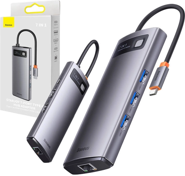 Baseus 7-in-1 USB‑C hub metal gleam (3× USB 3.0, HDMI, VGA, Ethernet RJ45, PD 100 W)
