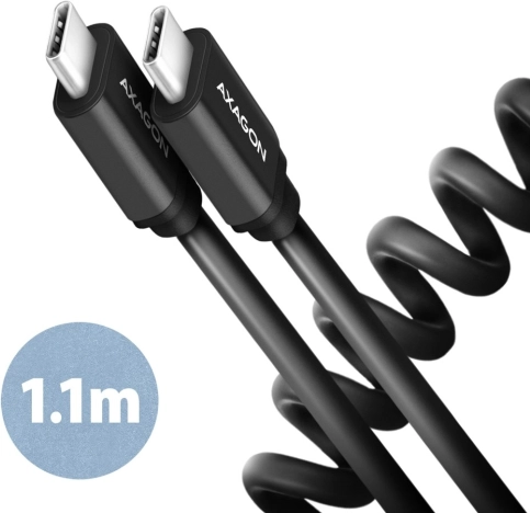 Axagon Twister USB‑C naar USB‑C spiraalkabel 1,1 m, USB 2.0, 3 A, aluminium, zwart