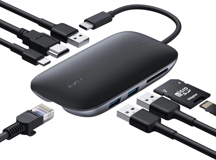 Aukey USB‑C hub 8-in-1 met HDMI 4K, Gigabit Ethernet en Power Delivery 100 W