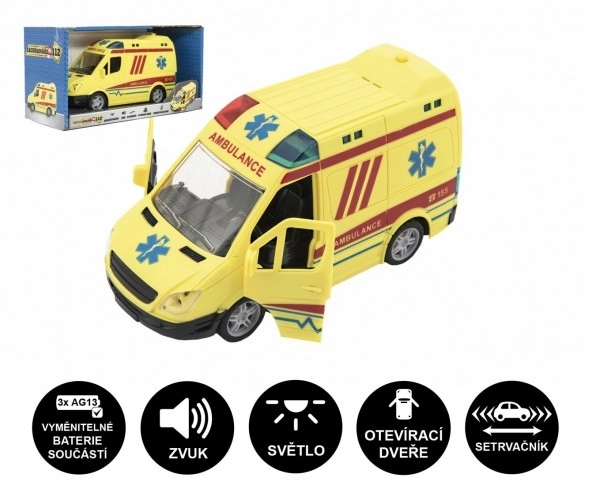 Auto ambulance plastic 20cm op trekveer op batterijen met geluid en licht in doos 26x15x12cm