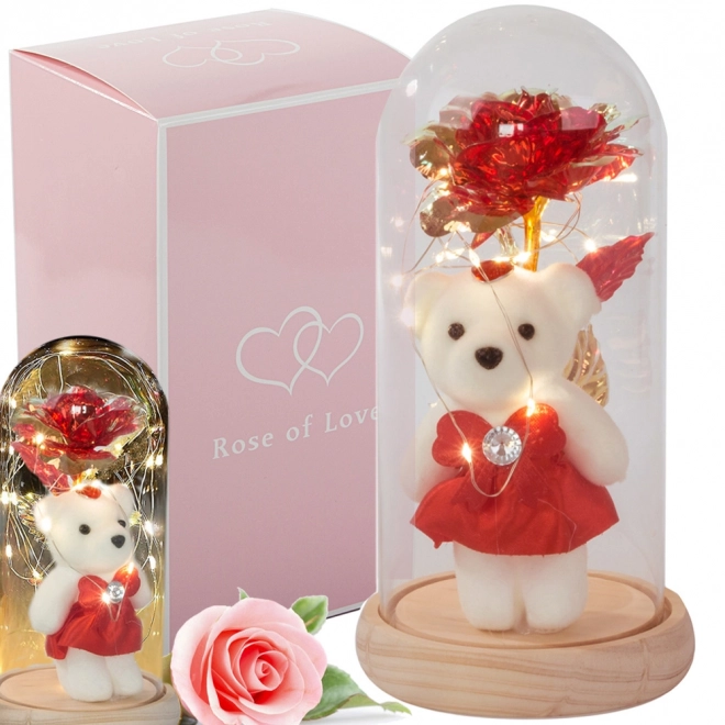 Eeuwige roos met teddybeer in glazen doos