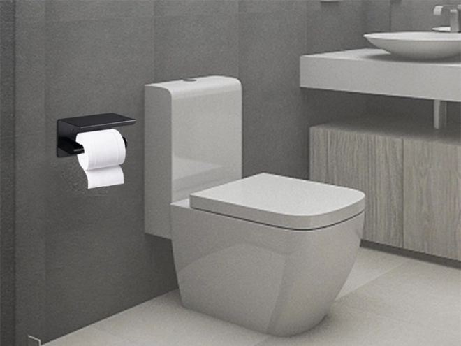 Stalen toiletrolhouder met plankje voor telefoon zwart