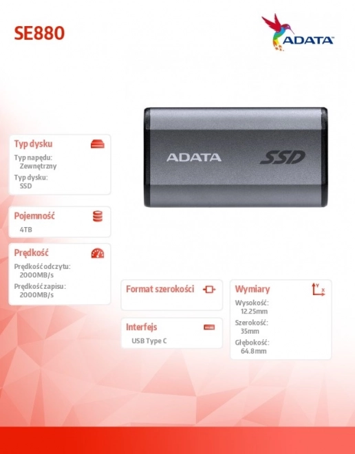 Externe SSD-schijf ADATA SE880 4TB USB 3.2 Gen2x2