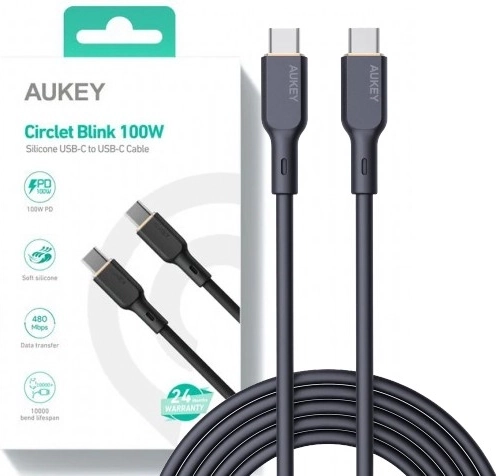 Aukey USB‑C-kabel 1 m, siliconen, 100 W Power Delivery, 5 A, zwart