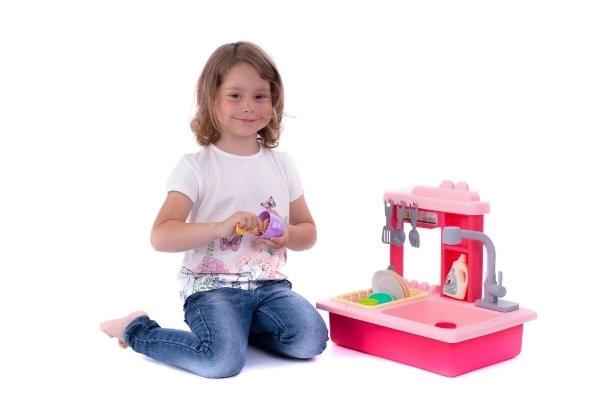 Gootsteen voor afwassen roze + kraan voor water op batterijen plastic met accessoires in doos 46x28x12cm
