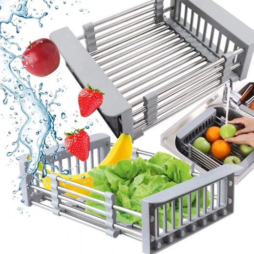 Telescopisch afdruiprek voor de gootsteen – uitschuifbare mand voor fruit en groenten