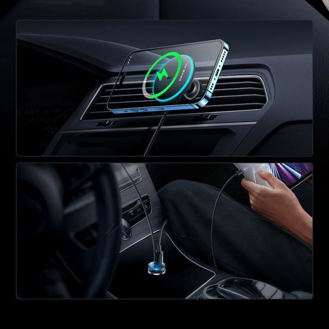 Magnetische telefoonhouder voor in de auto Baseus CW01 voor ventilatierooster met autolader USB-C, 15W + 25W (zwart)
