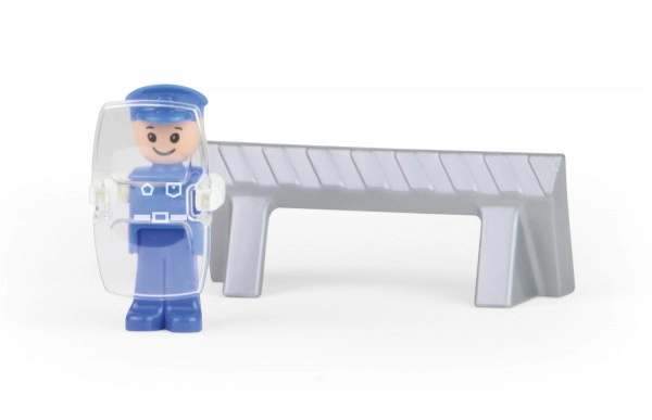 Politiefiguur en verkeersbarrière