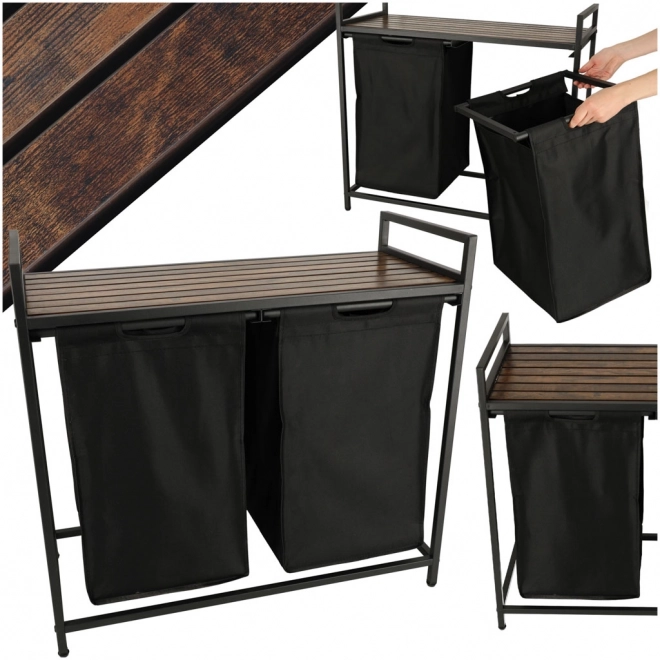 Dubbele wasmand met houten plank zwart Loft