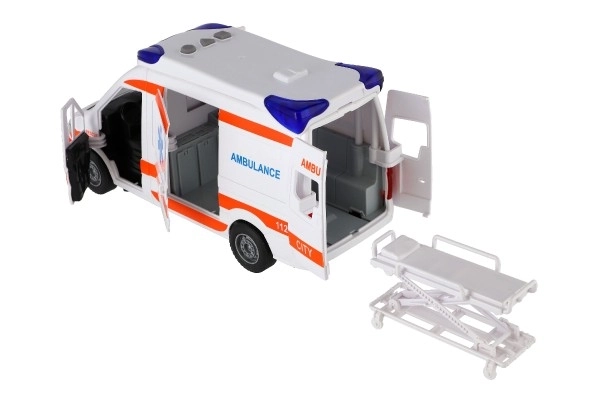 Kinderambulance met brancard en lichtsignalen