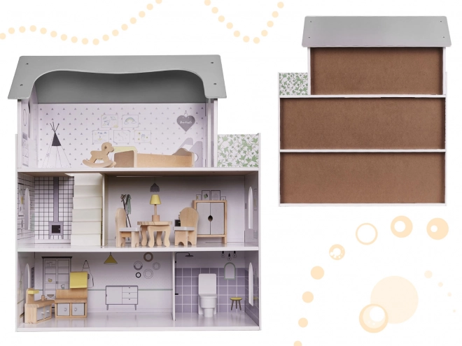 Poppenhuisje met grijs houten meubels