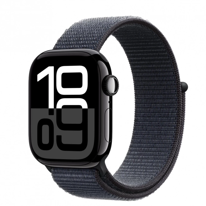 Apple Watch Series 10 GPS 42 mm aluminium behuizing in de kleur onyx met inktblauw sportbandje