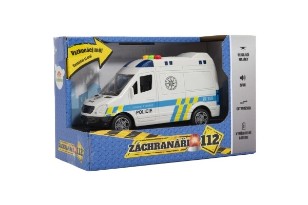 Auto politie bestelwagen kunststof 15cm op traagstart met batterijen, met geluid en licht in doos 19x13x9cm