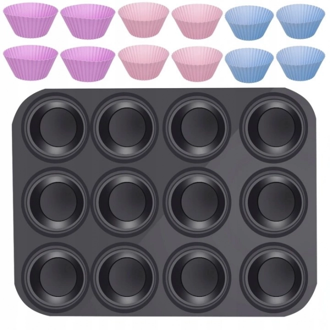 Teflon bakvorm voor muffins met 12 siliconen bakvormpjes