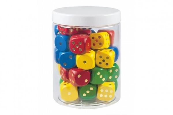 Speel dobbelstenen gekleurd hout gezelschapsspel 25mm 34 stuks in plastic doos 10x14cm 12m+