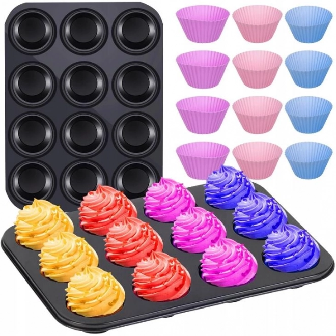 Teflon bakvorm voor muffins met 12 siliconen bakvormpjes