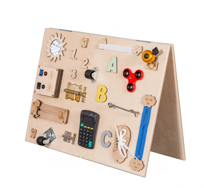 Dubbelzijdige houten manipulatieve sensorische plank