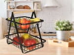 Tweeledig metalen fruitmand met houten handvat, zwart