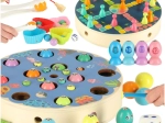 Houten Montessori-spel vissen en rupsjes – magnetisch vissen en kleuren sorteren