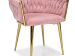 Fluwelen roze glamourstoel met gouden poten en gevlochten bekleding