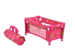 Reisbedje voor poppen met tas, roze bloemmotief