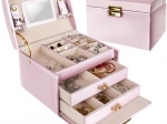 Roze satijnen sieradendoos met sleutelslot en spiegeltje