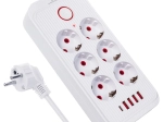 Overspanningsbeveiligde stekkerdoos met 6 stopcontacten en 5× USB (4× USB‑A, 1× USB‑C), 2500 W, wit