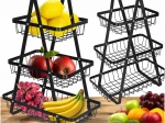Driedelige metalen fruitmand met houten handvat, zwart