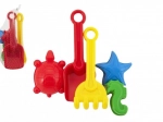 Plastic zandset met schep, harkje en vormpjes in netje