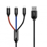 Baseus kabel 3-in-1 USB‑C / Lightning / Micro USB, 3,5 A, 0,3 m, zwart