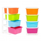 Kleurige plastic organizer met vier lades op wieltjes